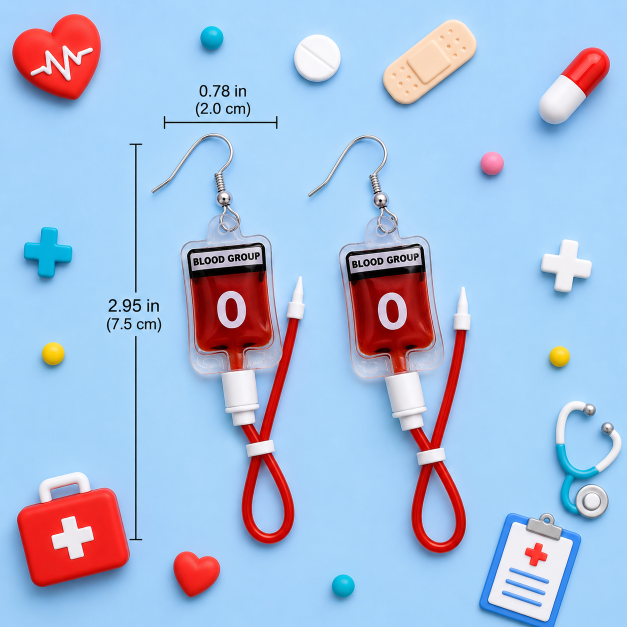 Mini blood bag earrings with realistic red liquid detail