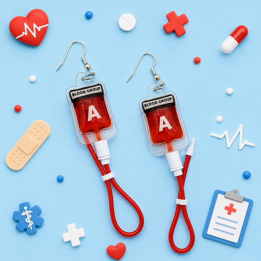 Mini blood bag earrings with realistic red liquid detail