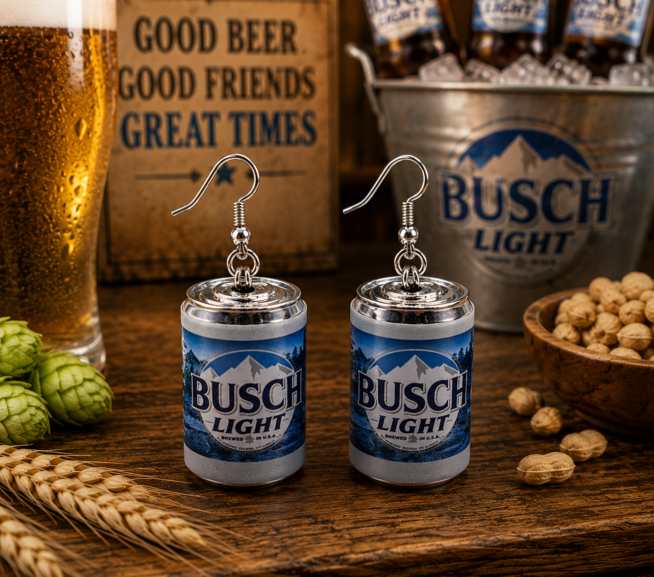 Light Beer Can Earrings – Funny Alcohol Jewelry, Novelty Dangle Earrings, Party Accessory, Beer Lover Gift, Festival Statement Earrings