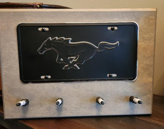 Mustang Silhouette Plate Spark Plug car sign coat hook key holder garage decor. Great for Birthday gift, or man cave for dad