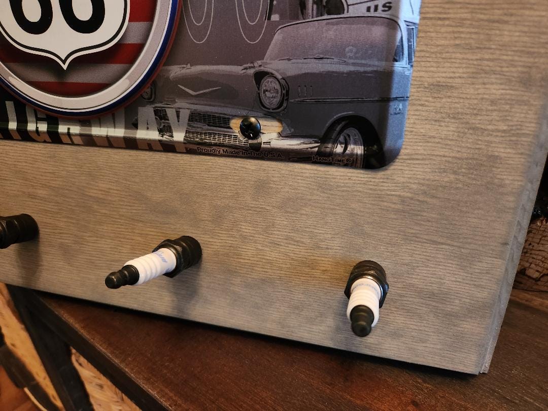 Route 66 Spark Plug car sign coat hook key holder garage decor Birthday gift for him, man cave, Thank you, housewarming for dad Active