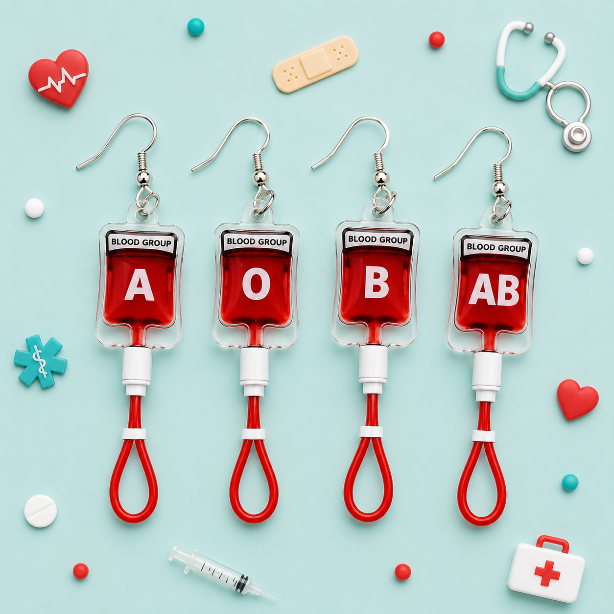 Mini blood bag earrings with realistic red liquid detail