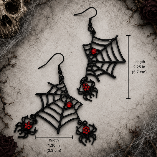 Creepy-cute spiderweb earrings with dangling red gem spiders—spooky style that bites!