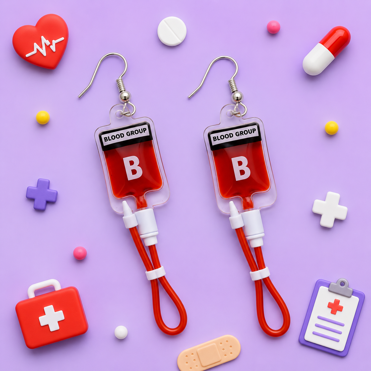 Mini blood bag earrings with realistic red liquid detail