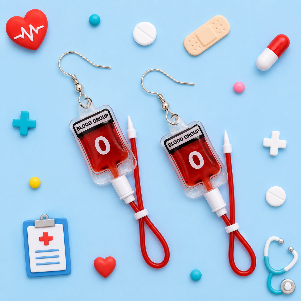 Mini blood bag earrings with realistic red liquid detail