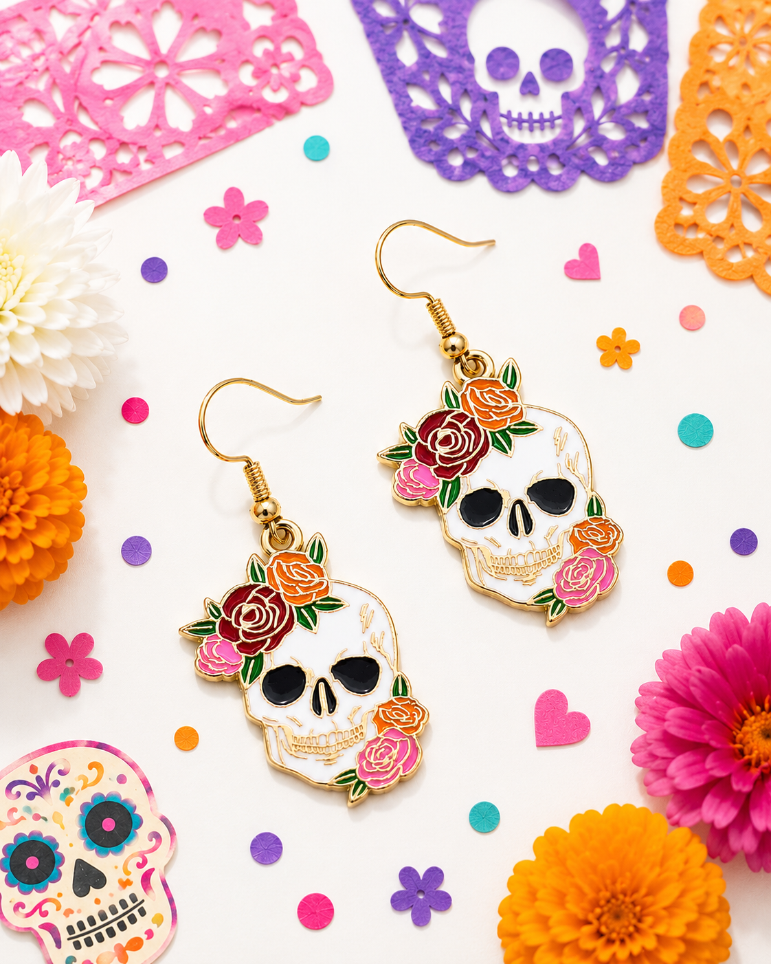 Floral skull earrings
