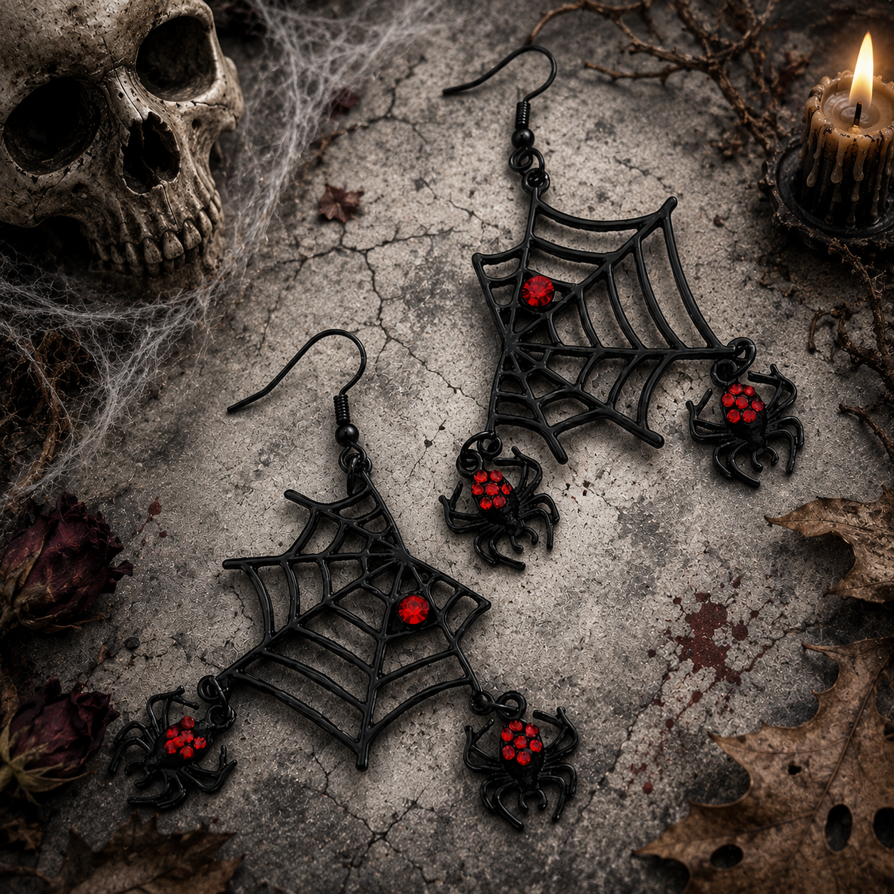 Creepy-cute spiderweb earrings with dangling red gem spiders—spooky style that bites!